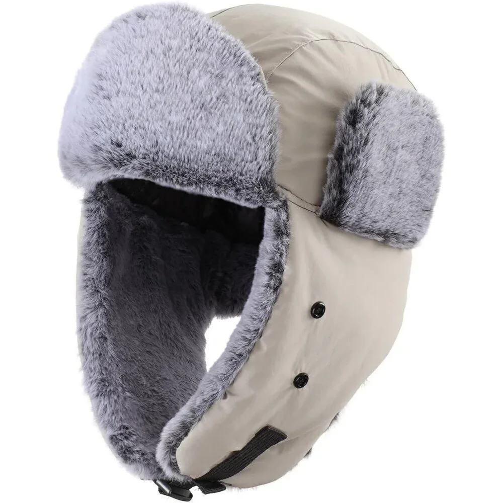 Men's Light Grey Trapper Hat Faux Fur Trooper Hunting Cap with Face Mask